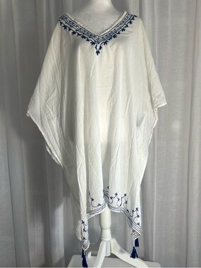 White V-Neck Embroidered Tunic with Navy Trim